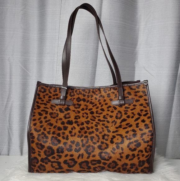 DIVINA FIRENZE Leopard Fur Leather Tote shoulder Bag